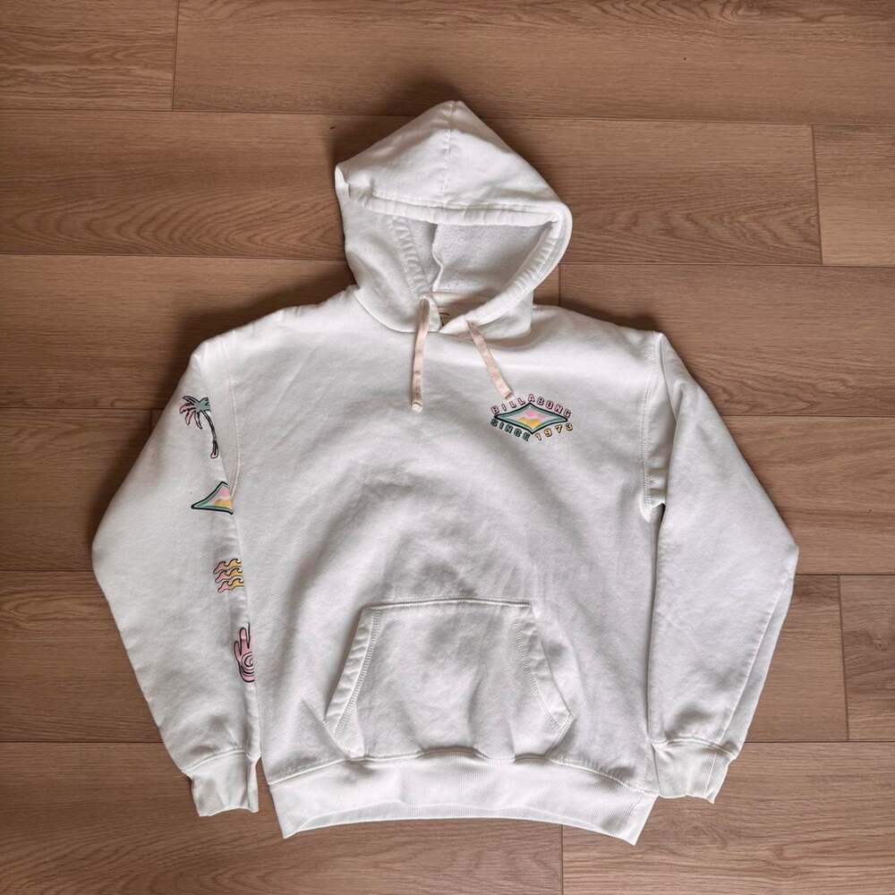 Billabong Hoodie Size Small White Pastel Surf Graphic Pullover Sweatshirt